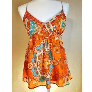 Joie Top Medium Orange Blue Silk Floral Tank